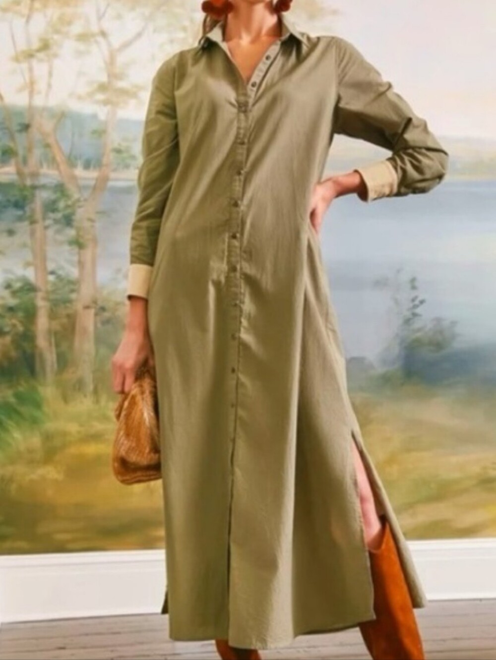 Tuckernuck Shiver Midi Shirt Dress Button Front Green Womens XS